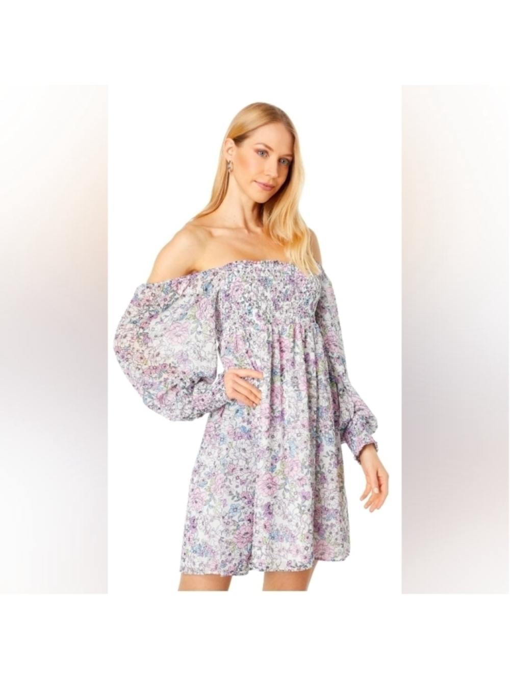 BCBGeneration Floral Off-Shoulder Smocked Mini Dress 14 Romantic Puff Sleeve NWT